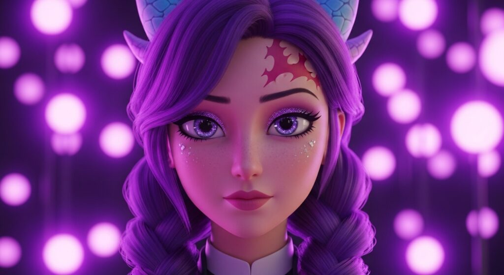 A girl with vibrant purple hair