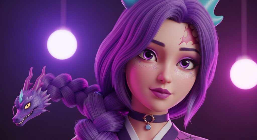 A girl with vibrant purple hair and matching purple horns