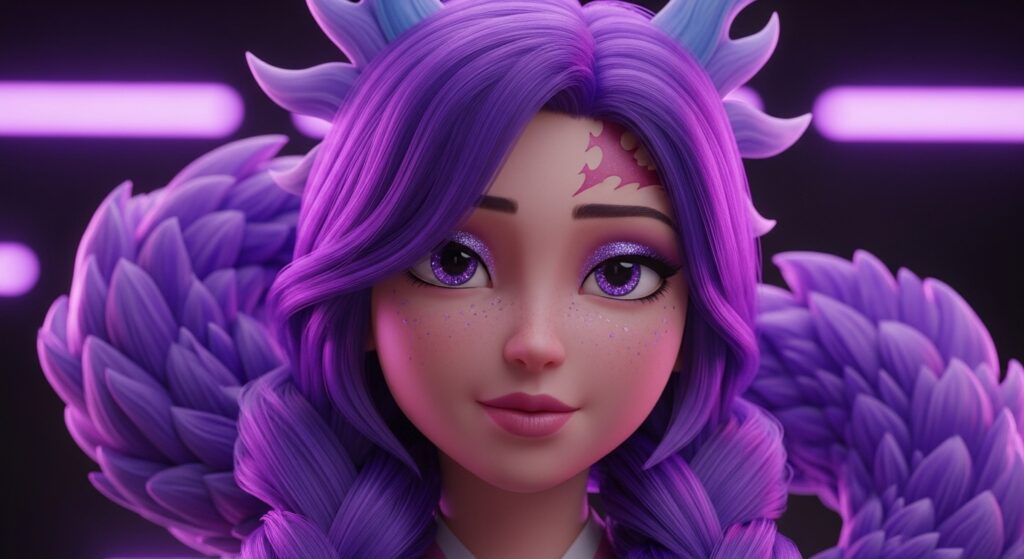 A girl with vibrant purple hair and small horns