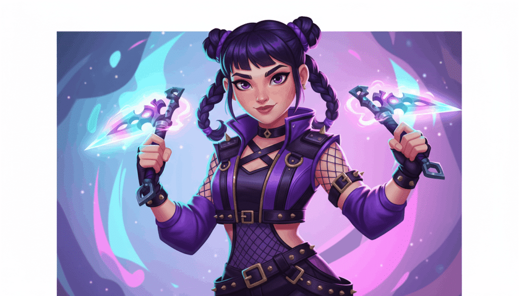 A girl with vibrant purple hair stands confidently