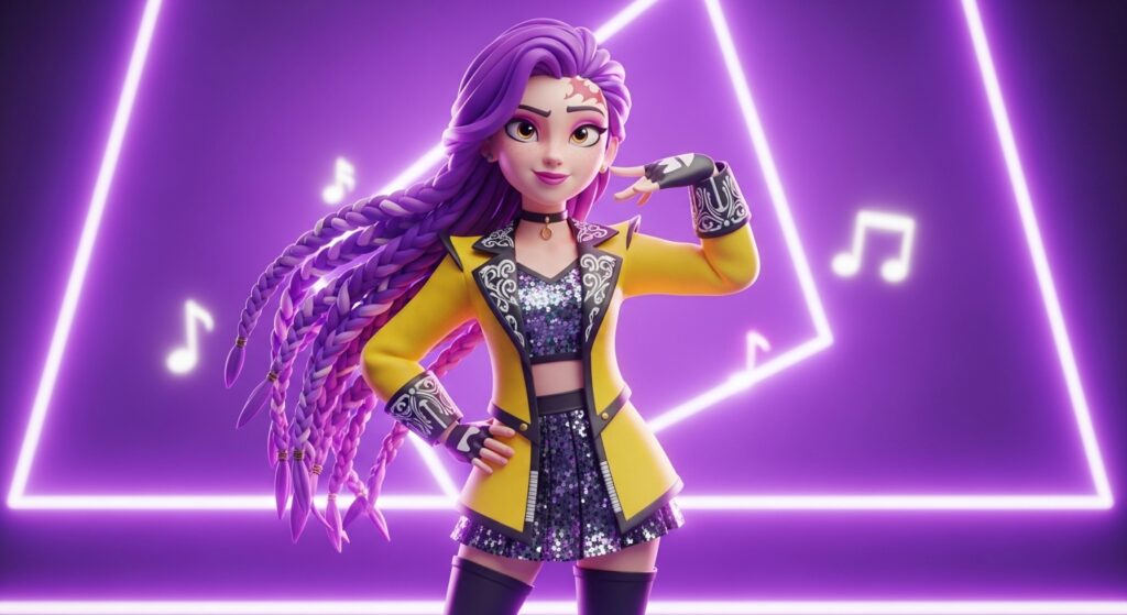 A girl with vibrant purple hair wearing a bright yellow jacket stands confidently