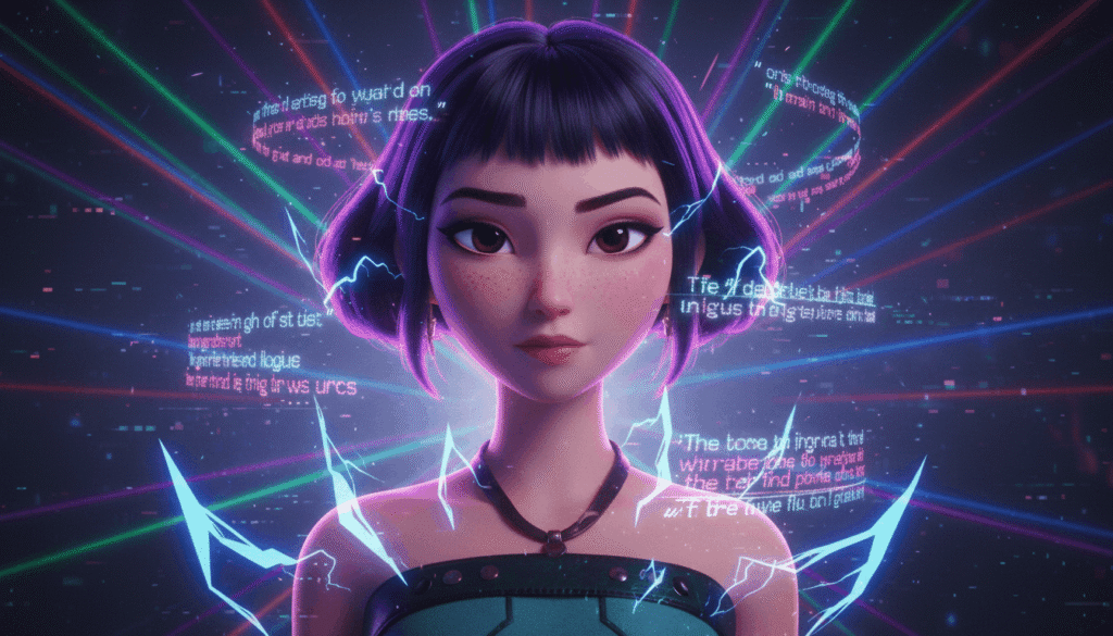 A girl with vibrant purple hair wearing a flowing blue dress stands smiling in a bright outdoor setting