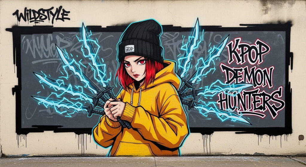 A graffiti mural depicting a girl in a hoodie holding a knife