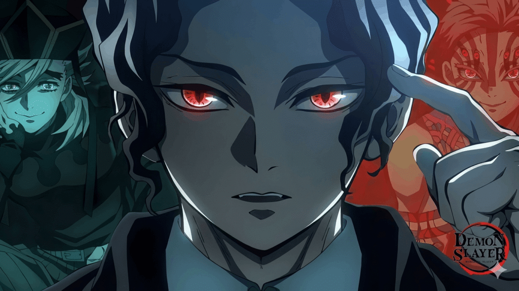 A group of anime characters featuring dark hair and vivid red eyes