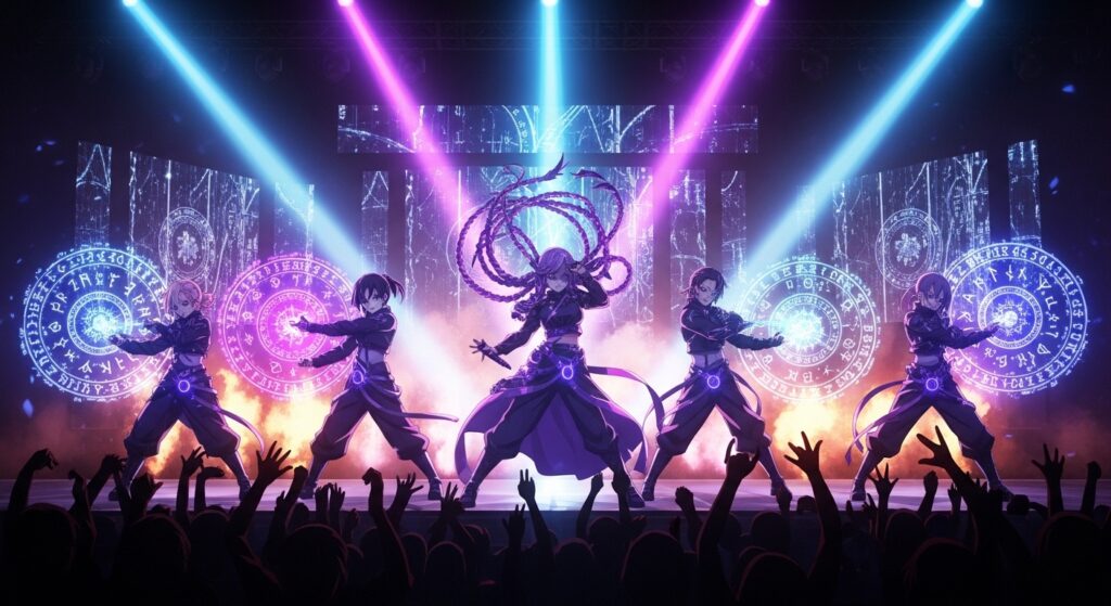 A group of dancers performing energetically on stage