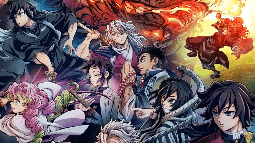 A group of diverse anime characters showcasing various colors