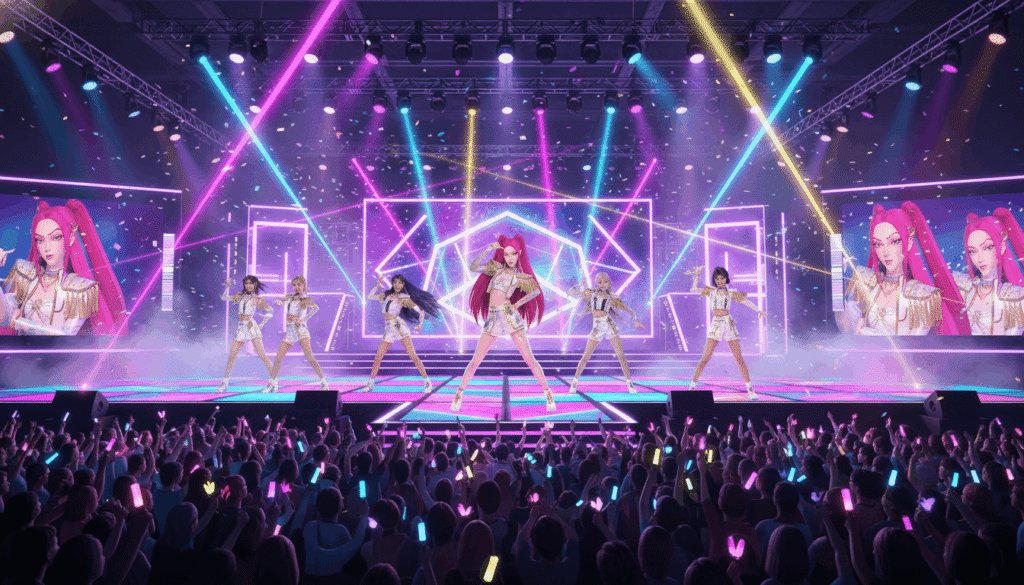 A group of girls performing energetically on stage during a lively concert