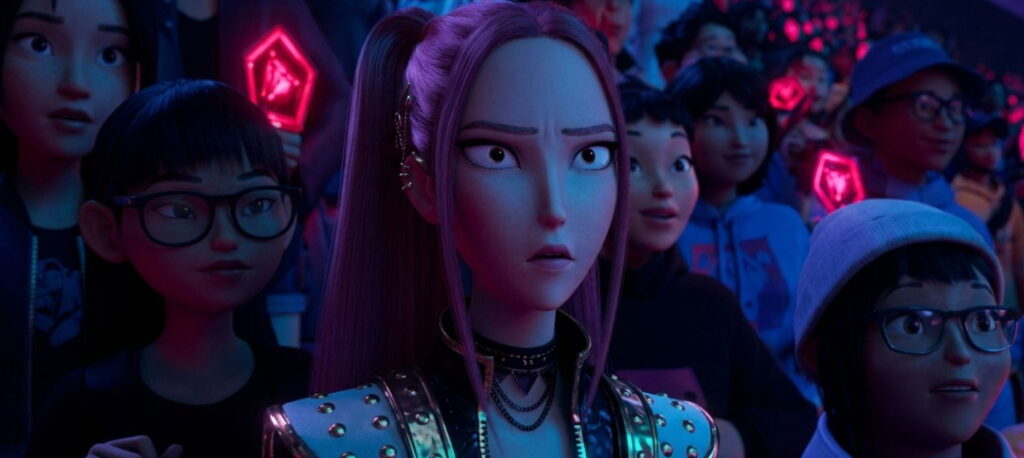 A group of people watching an animated movie together