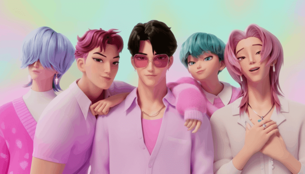 A group of young men wearing pink shirts and sunglasses