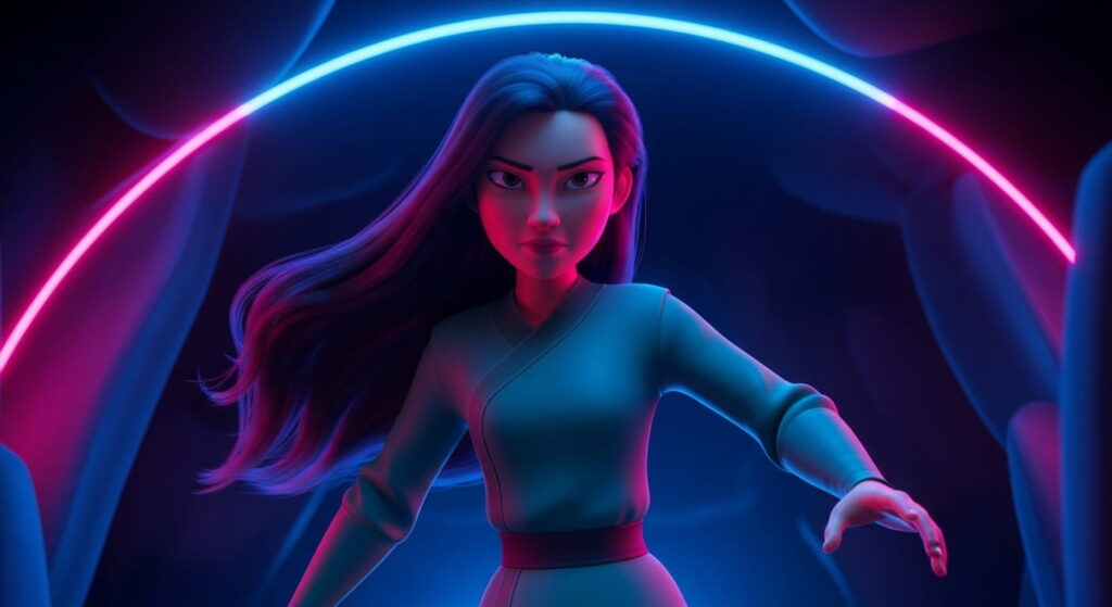 A high-quality 3D render of a young East Asian woman with long