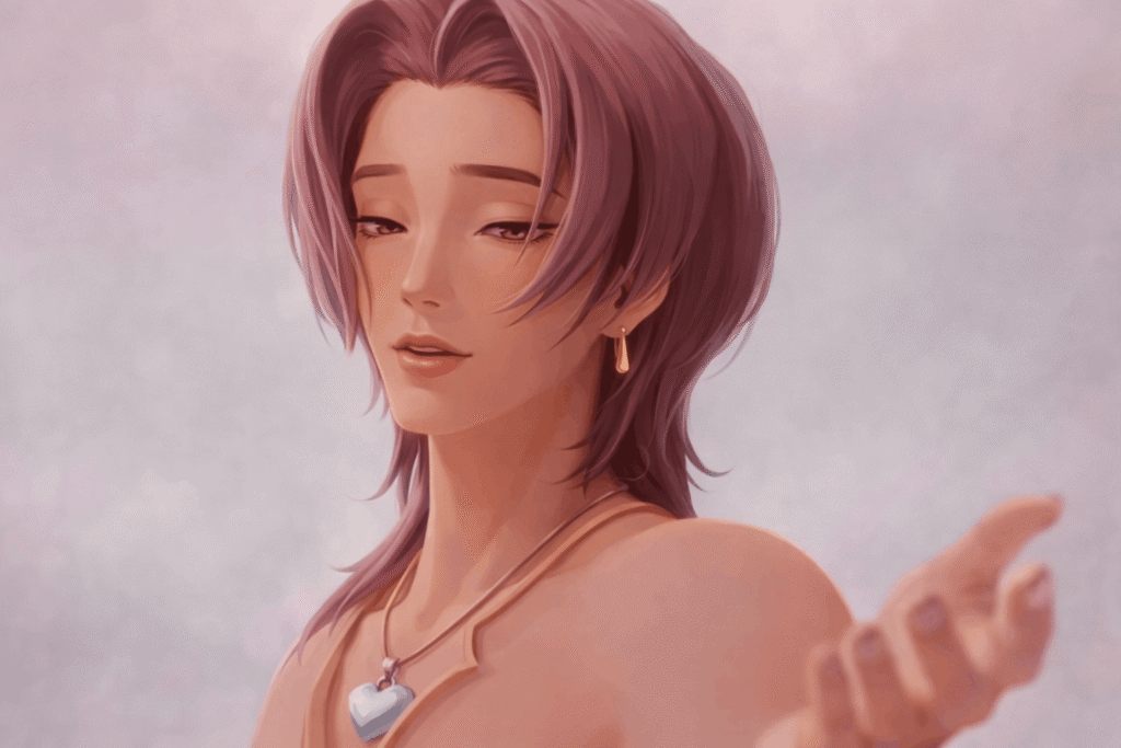 A male anime character with long hair wearing a necklace