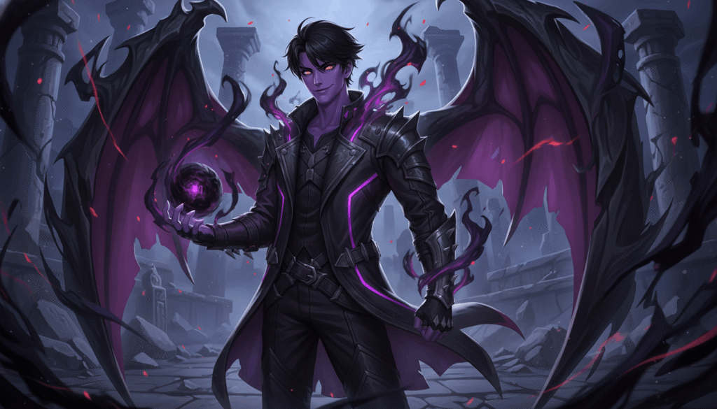 A male demon with purple wings and black hair