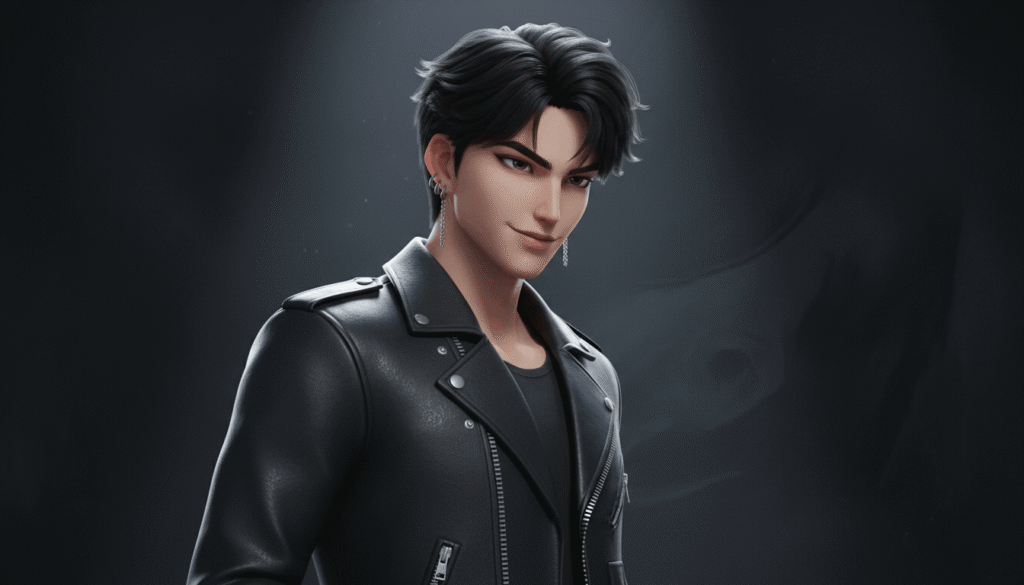 A male figure dressed in a stylish black leather jacket