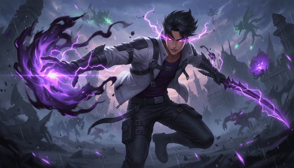 A male figure with purple hair