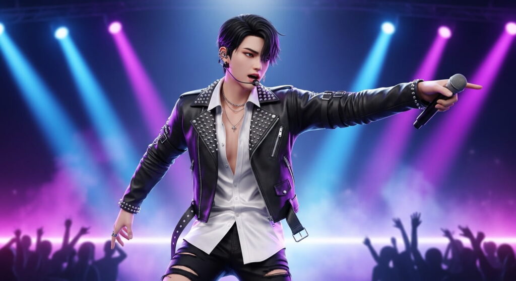 A male singer wearing a leather jacket performs energetically on stage