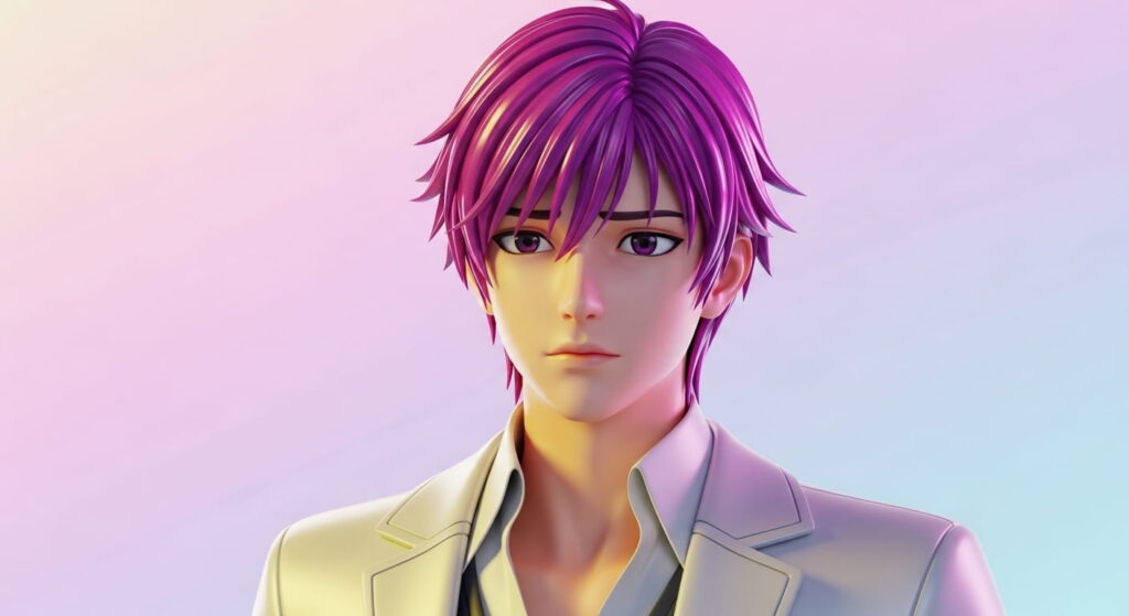 A male with vibrant purple hair wearing a stylish white jacket