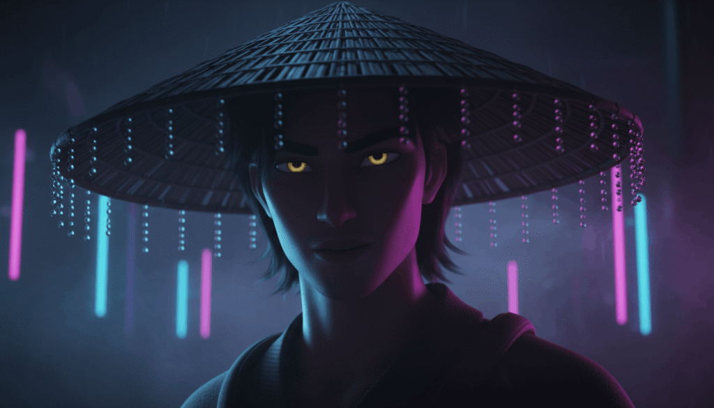 A man in a stylish hat surrounded by bright neon lights
