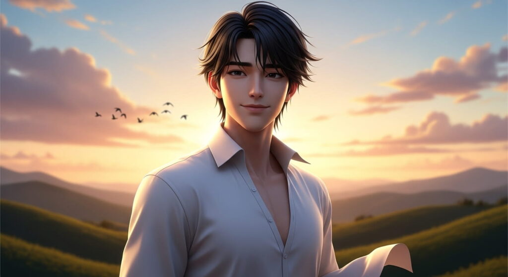 A man in a white shirt stands before a majestic mountain