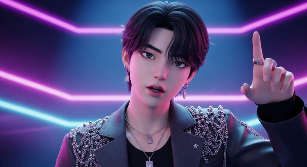 A man stands against a purple background