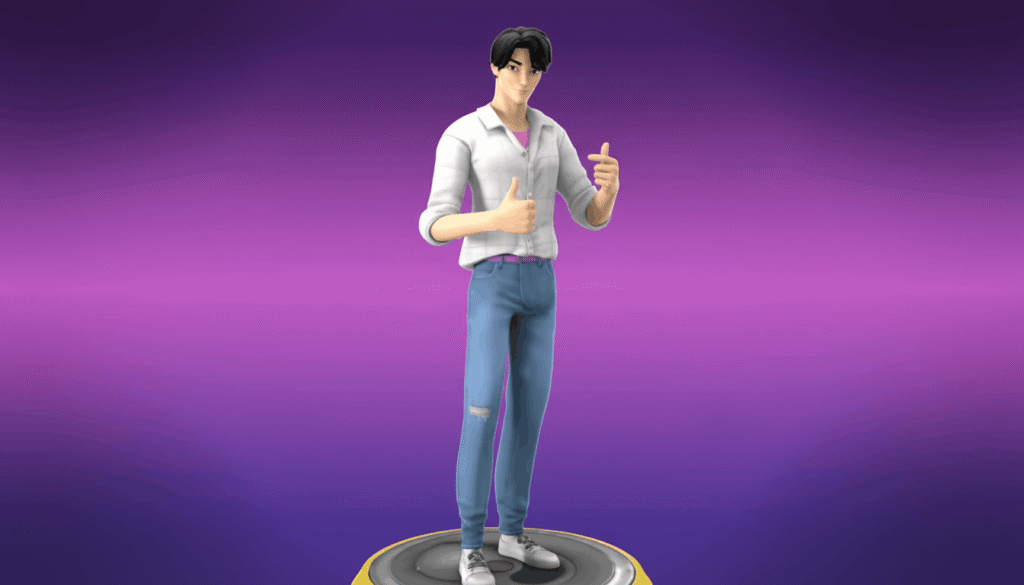 A man wearing a white shirt and blue jeans stands casually