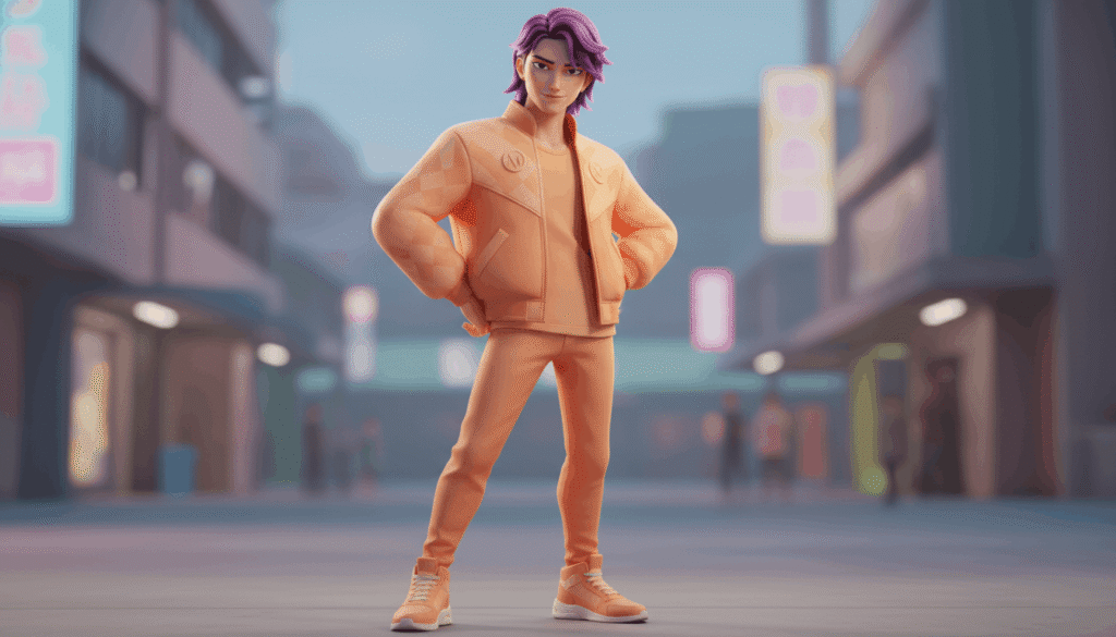 A man wearing an orange outfit stands on a street