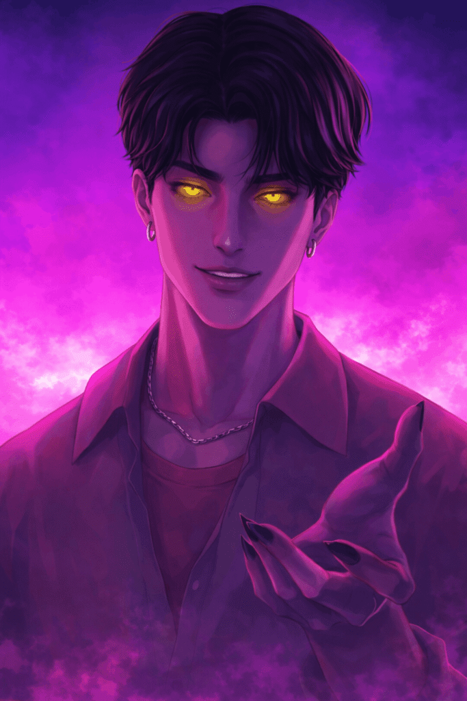A man with glowing eyes and vibrant purple hair