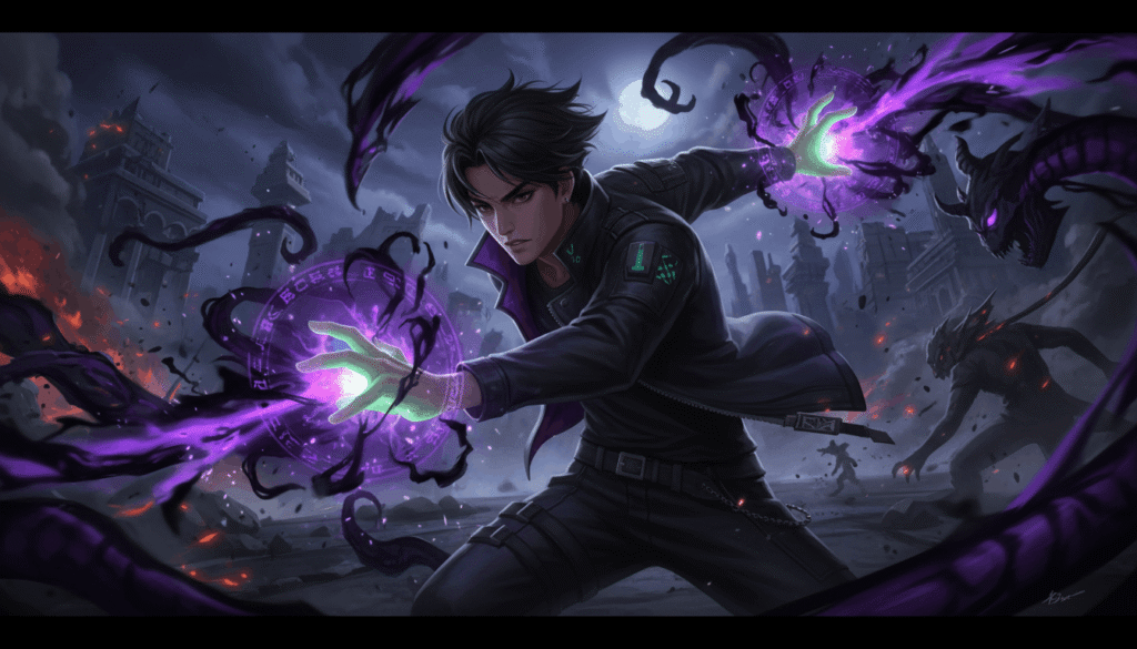 A man with purple glowing hands stands against a dark background