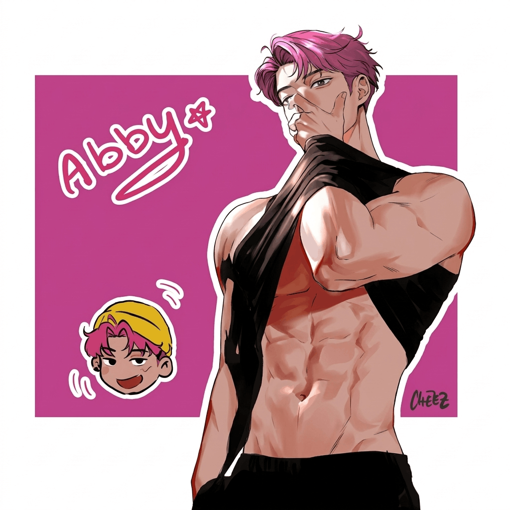 A muscular anime-style character with vibrant pink hair
