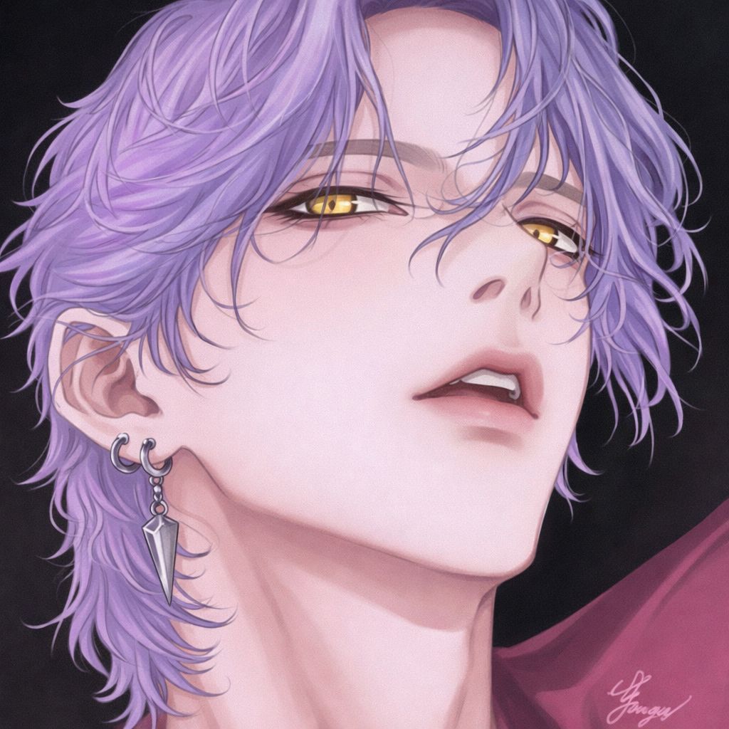 A painting depicting Mystery saja with vibrant purple hair