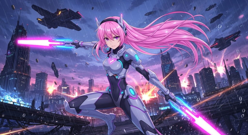 A pink-haired anime character in a dynamic pose