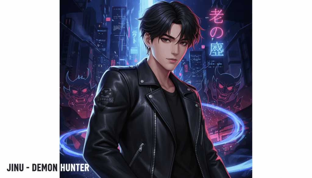 A poster featuring a man wearing a black leather jacket