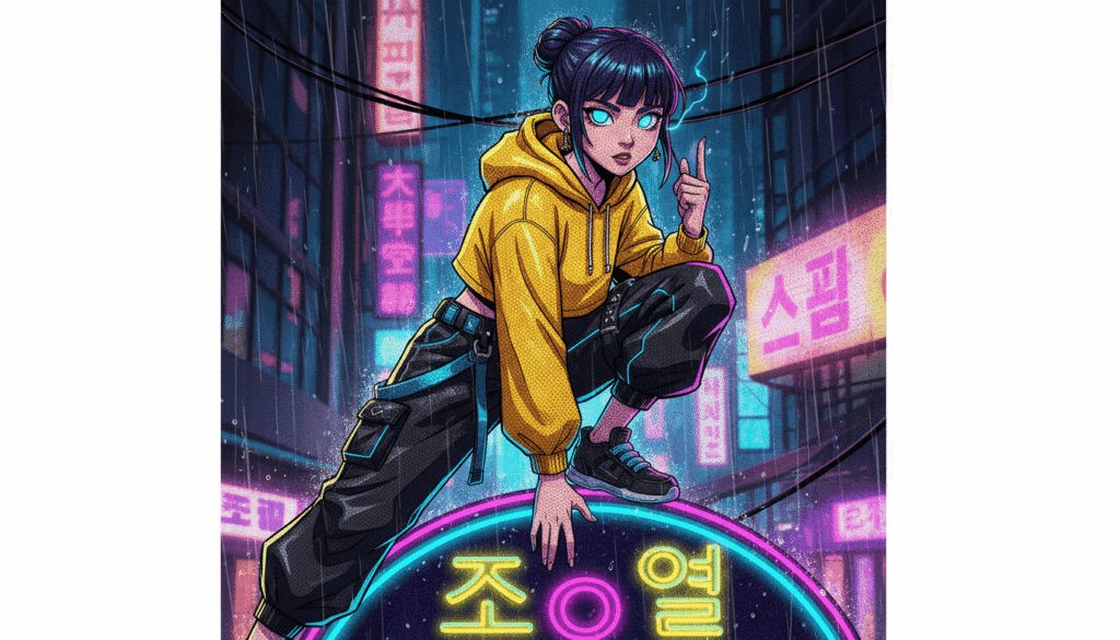 A poster showcasing a girl dressed in a yellow hoodie and black pants