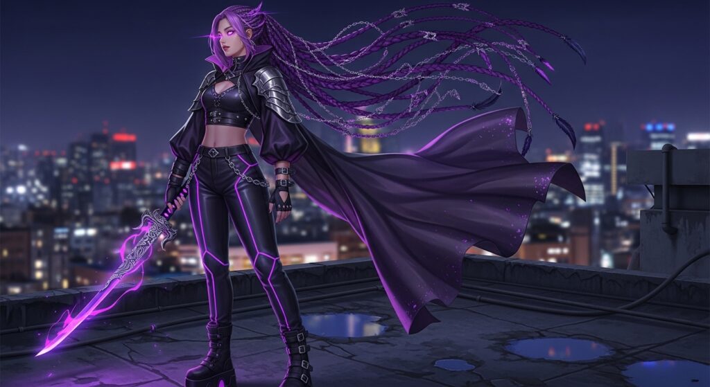 A purple-haired anime character stands on stage