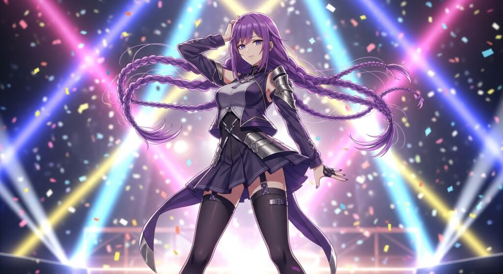 A purple-haired anime girl with long hair poses in front of a spotlight