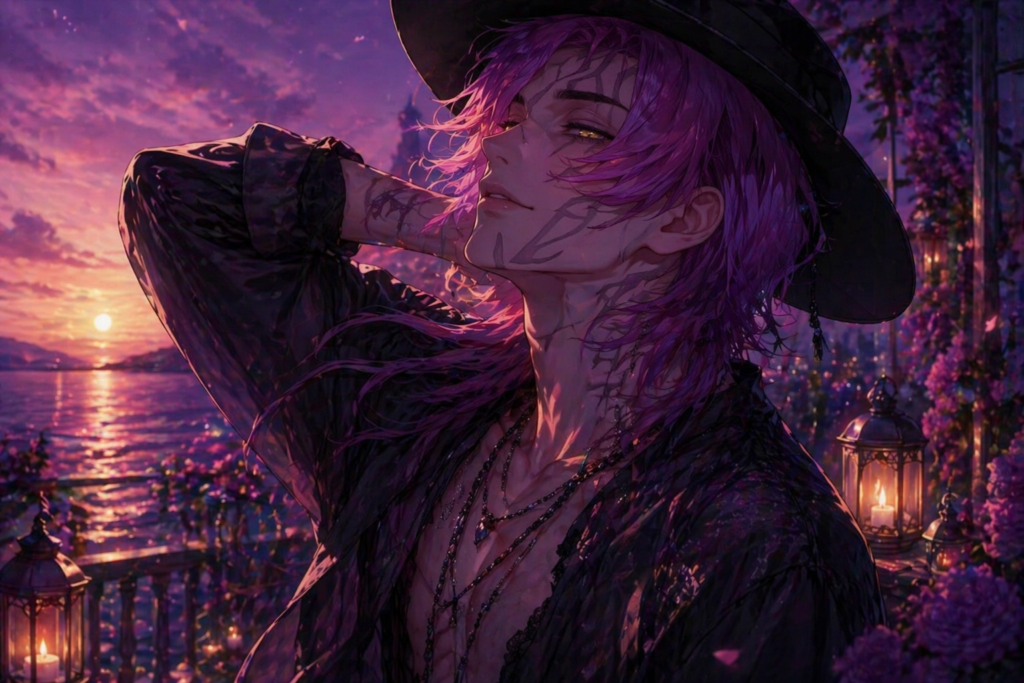 A romantic anime-style Wallpaper portrait of a mysterious male character with pink-purple hair