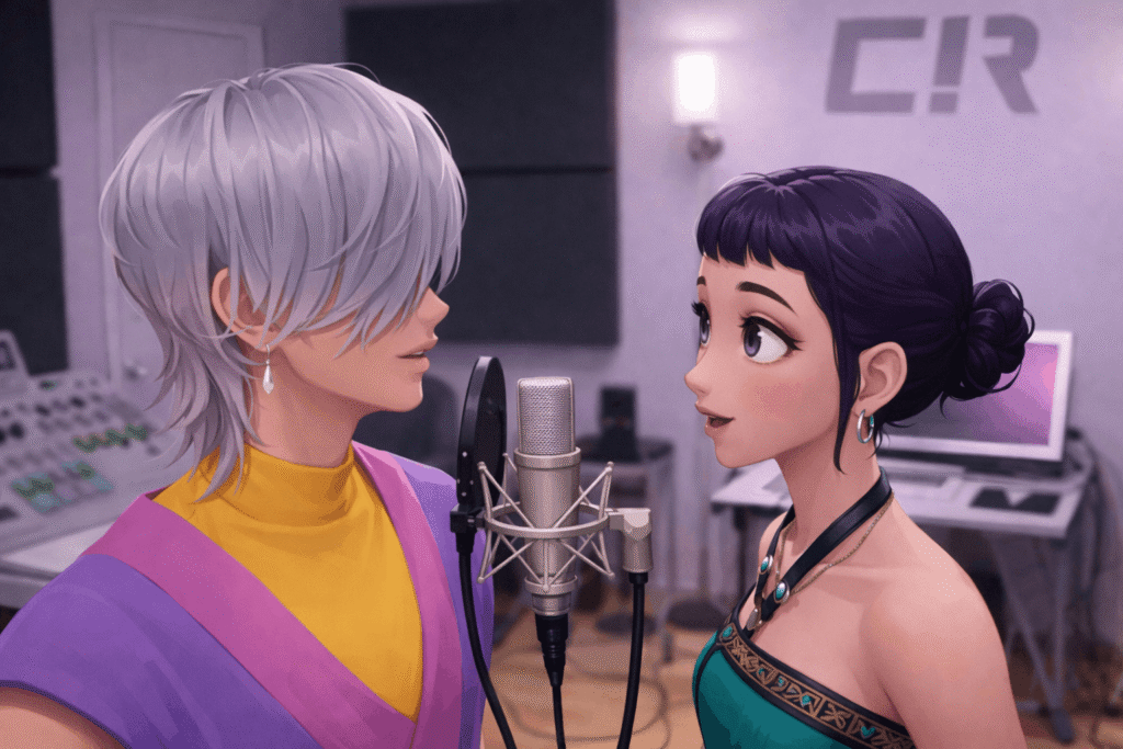 A semi-anime style illustration of two characters facing each other in a recording studio