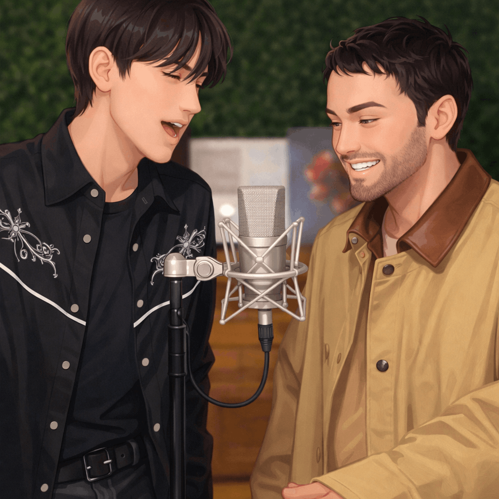 A semi-anime style illustration of two young men standing close together