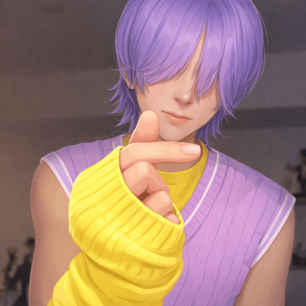 A semi-anime style portrait of a young person with soft lavender hair covering their eyes
