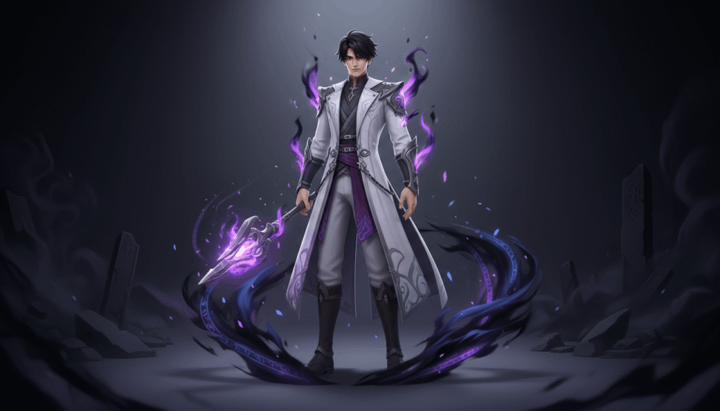 A striking anime character clad in a white coat
