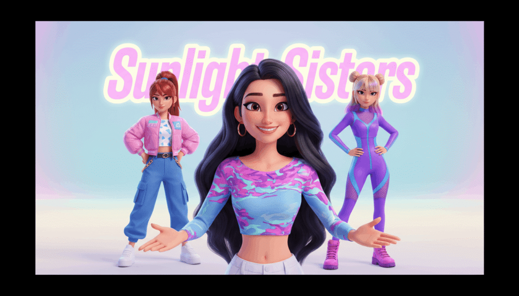 A stylish 3D character design of a trio of K-pop inspired sisters