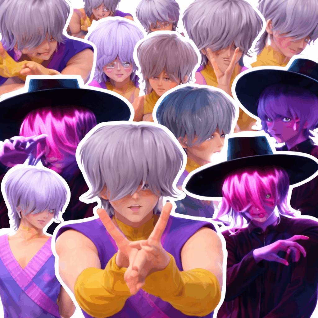 A vibrant collage of a semi-anime style character with silver-lavender hair covering their eyes