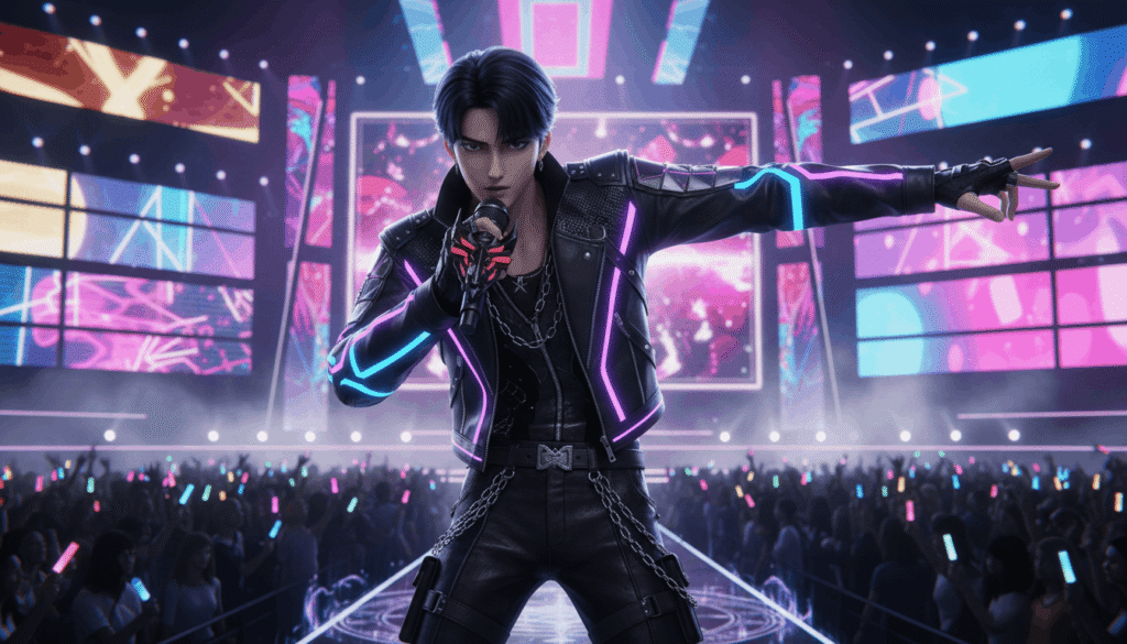 A video game character stands confidently in front of a brightly lit stage