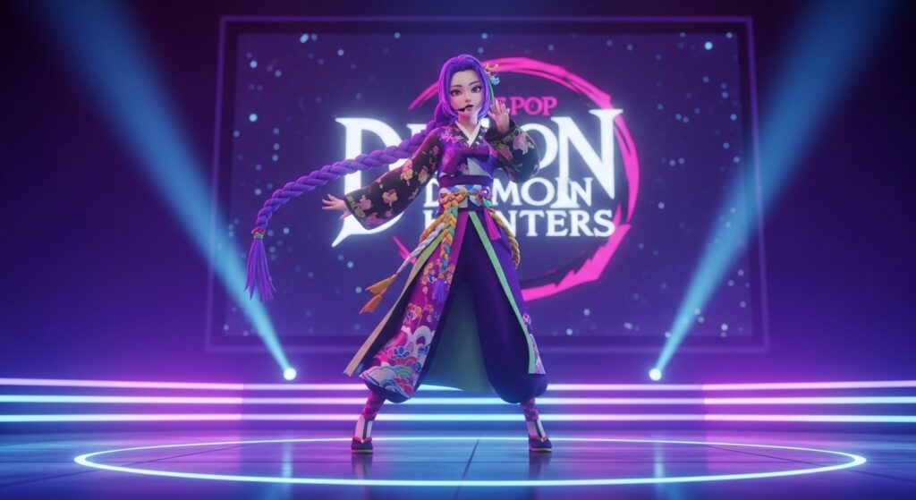 A video game character stands on stage illuminated by vibrant purple lights,