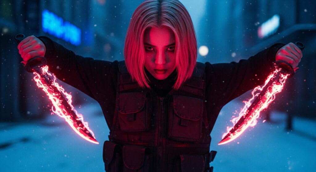A woman confidently holds two red glowing knives
