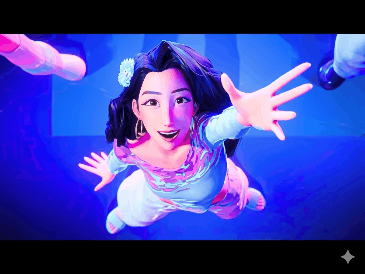 Celine Kpop in a blue dress soaring gracefully through the air against a clear sky