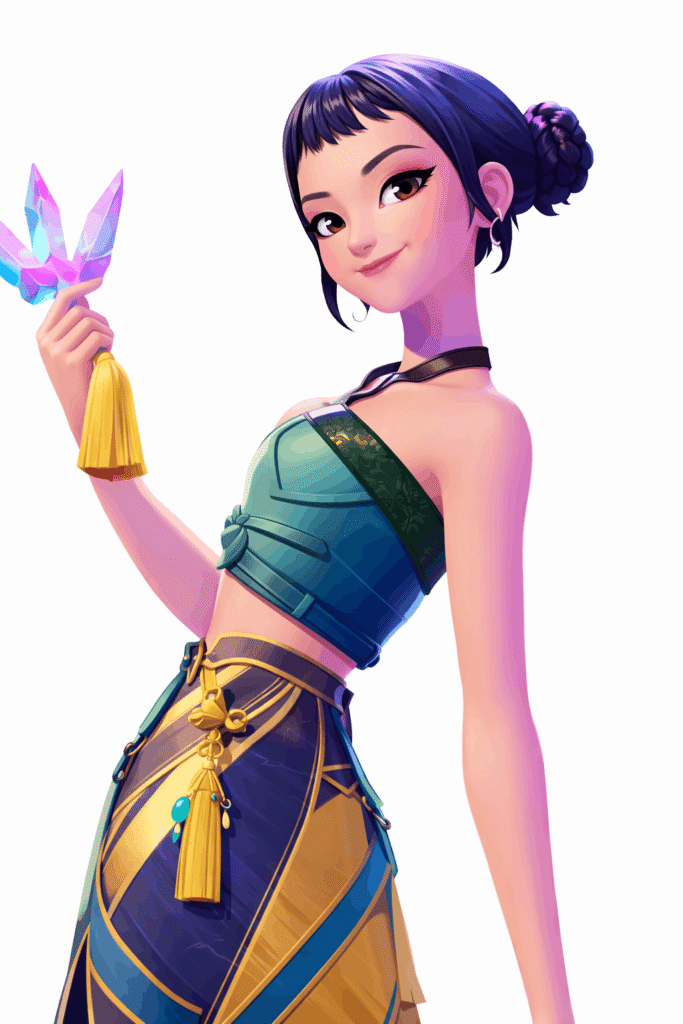 A woman in a colorful costume holds a vibrant flower