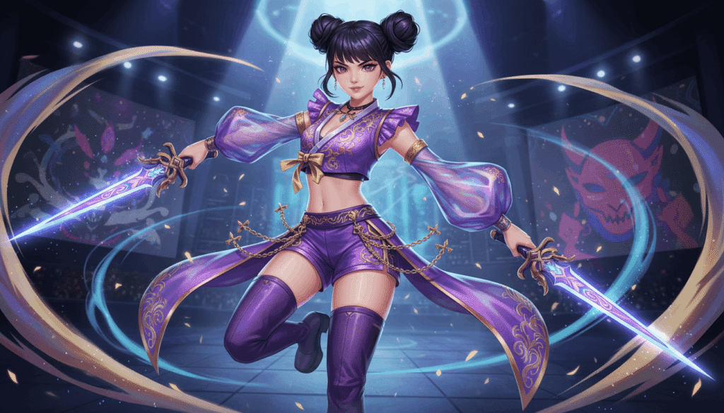 A woman in a purple outfit confidently holds two swords