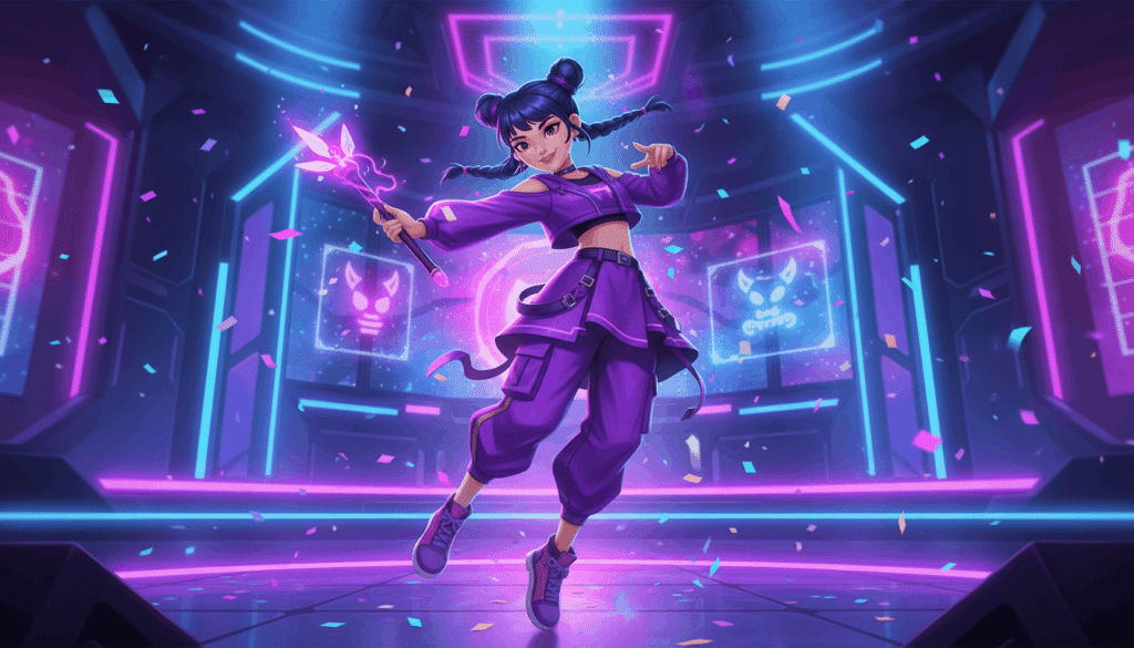 A woman in a purple outfit dances joyfully in front of vibrant neon lights
