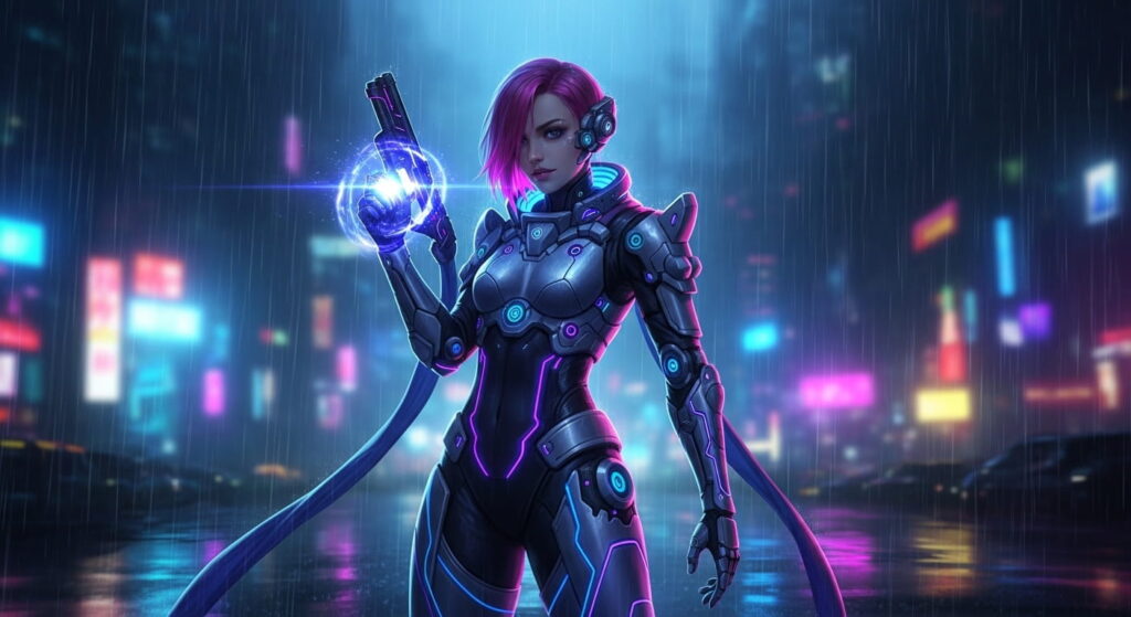 A woman in a sleek, futuristic outfit holds a glowing light
