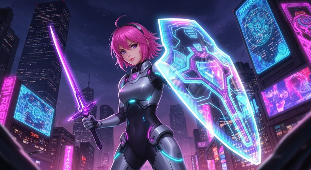 A woman in a sleek, futuristic outfit stands confidently